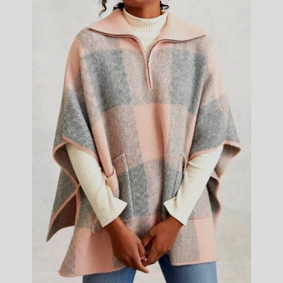 Cozy Anthropologie Poncho Sweater Open Sides - Pink & Gray Colorblock Plaid M/L - Picture 2 of 10